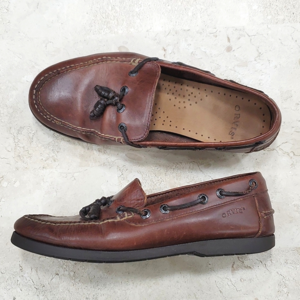 Orvis deck shoes men's size 9D brown leather slip on loafers tassel